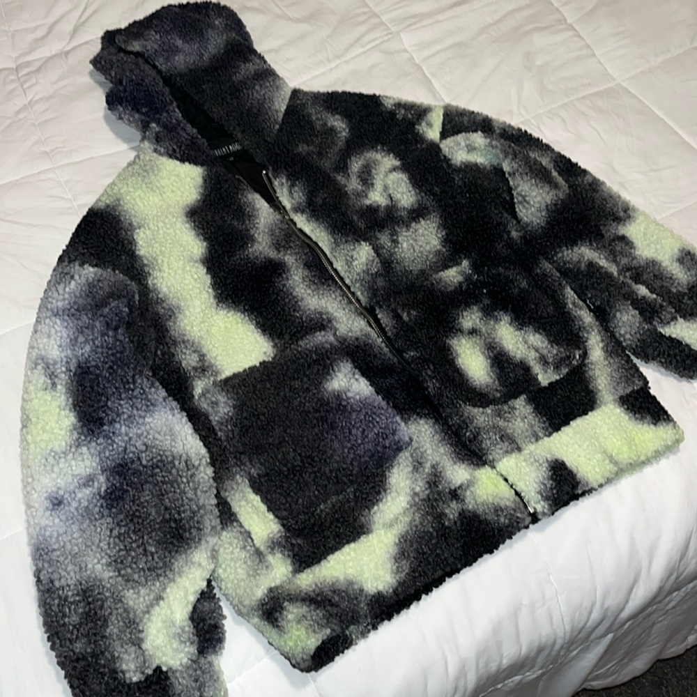 Current Mood for Dolls Kill camp/ tie-dye fuzzy hooded jacket/coat. Size XS EUC